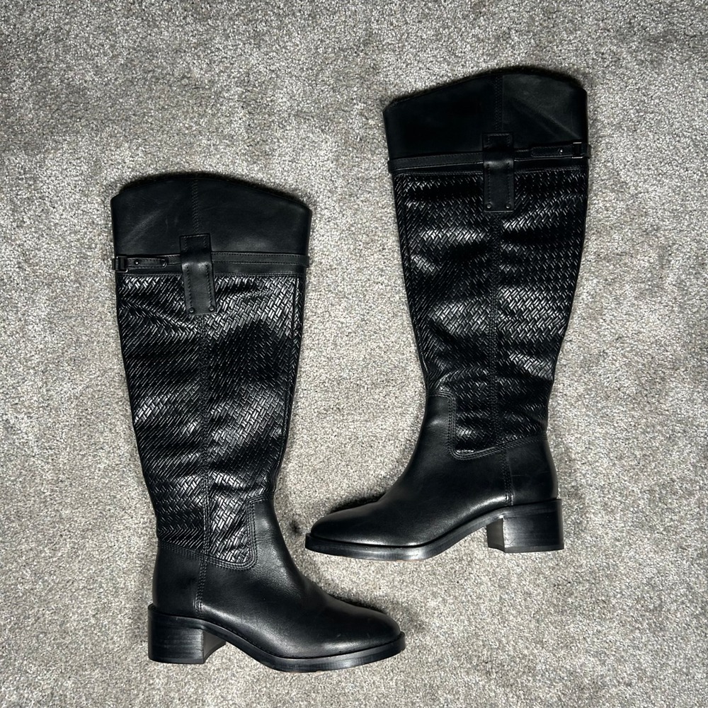 Franco Sarto Black Leather Woven Tall Riding Boots Colt Wide Calf 6.5 WC‎